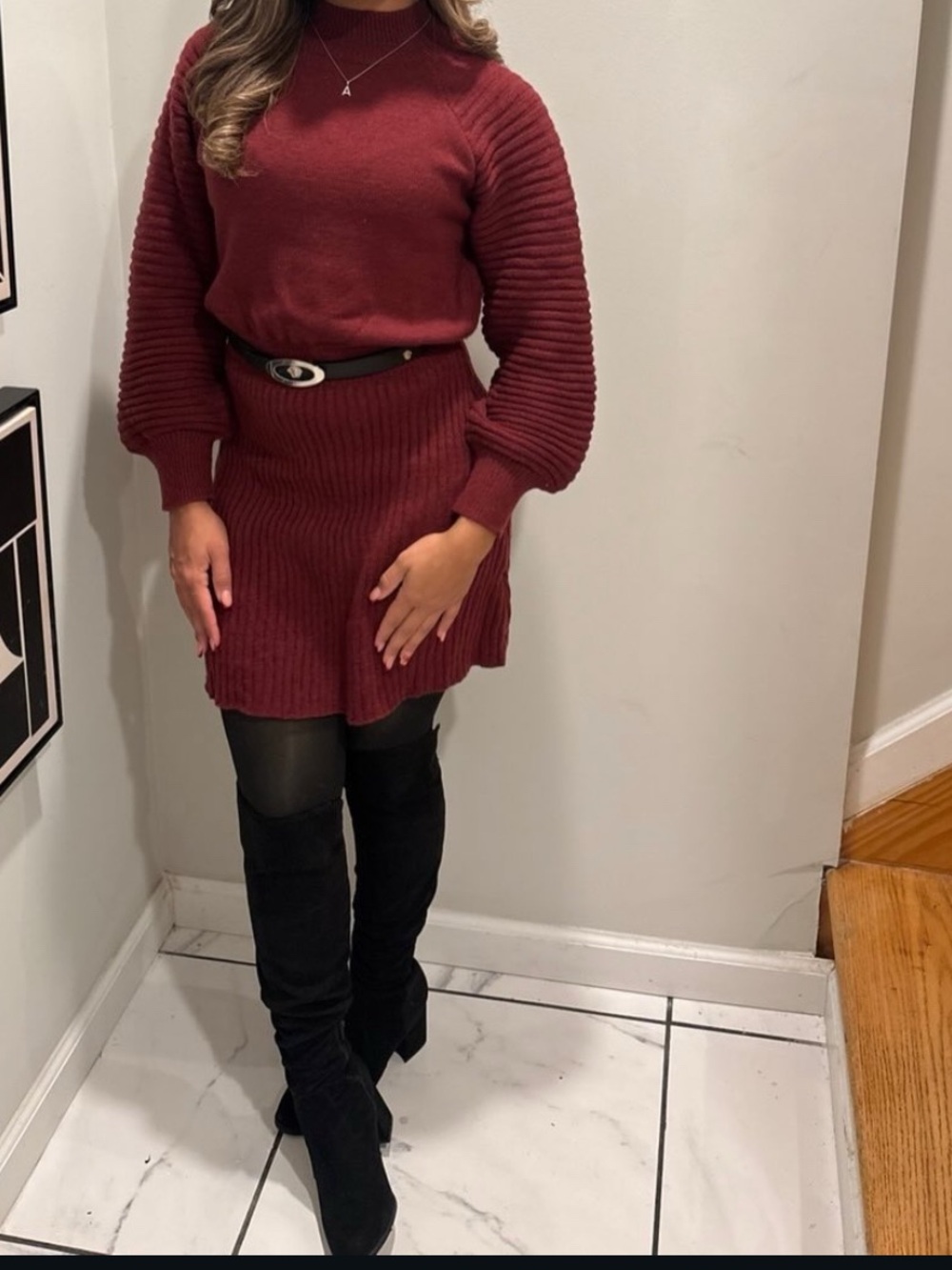 Burgundy Ribbed Knit Sweater Dress